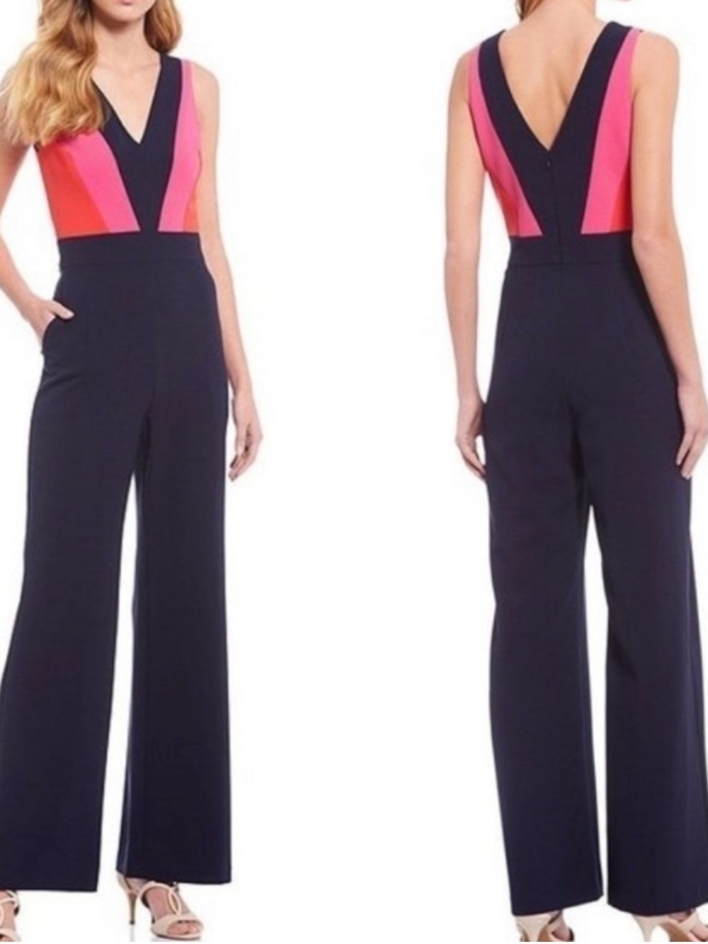 Vince Camuto Navy Wide-Leg Jumpsuit with Pink Colorblock Bodice - Picture 2 of 11